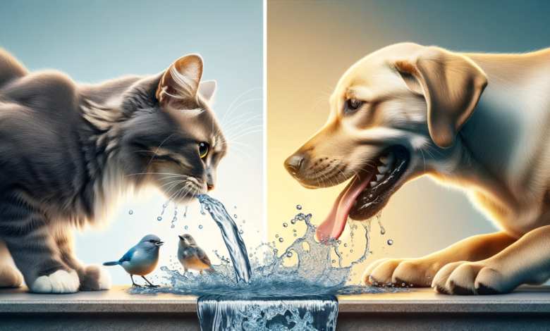 cat and dog sharing water 